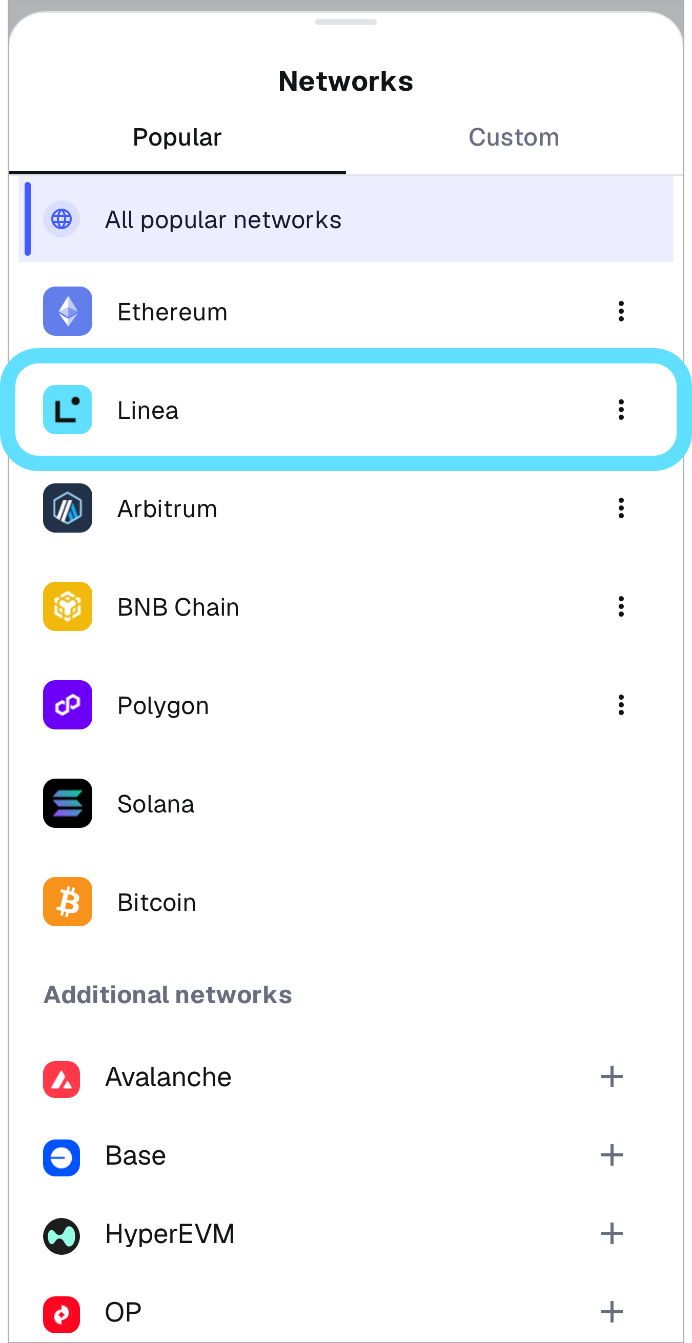 MetaMask mobile networks list Linea