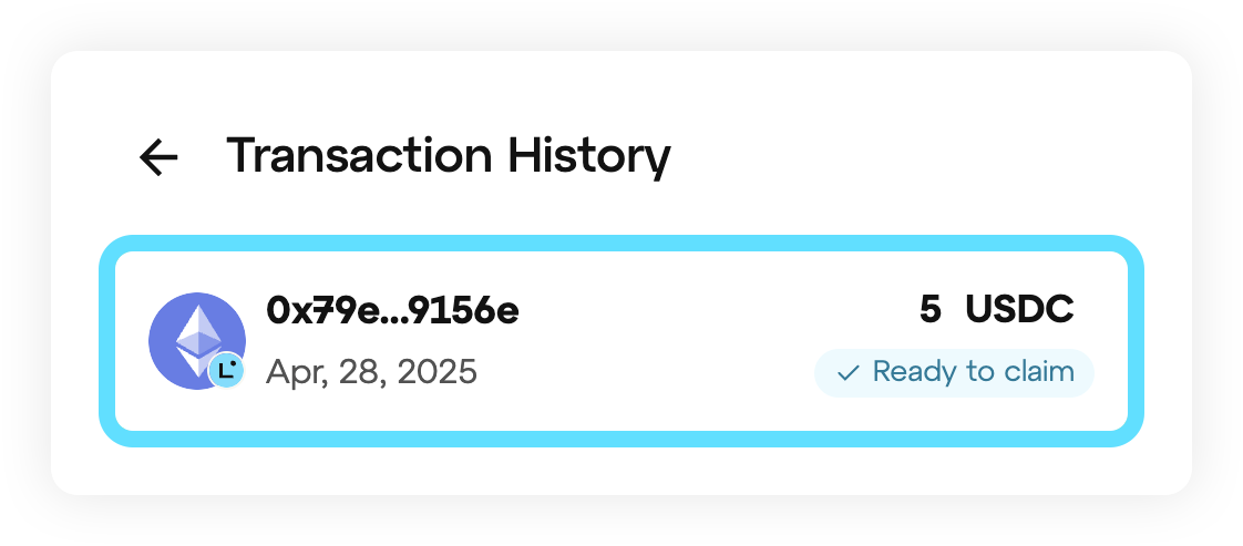 Transaction history entry marked as ready to claim